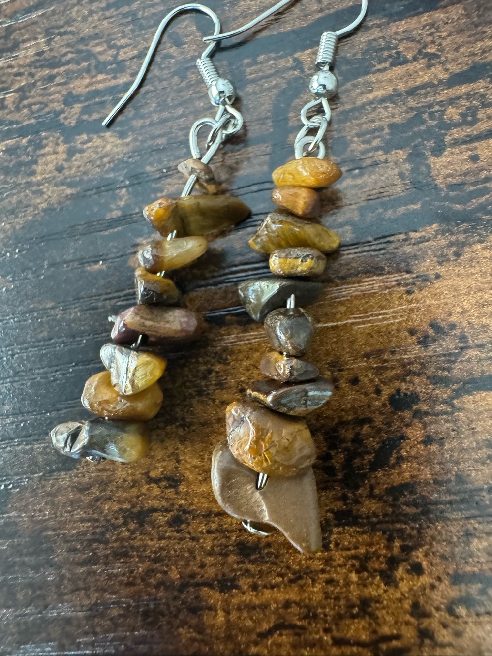 Handmade Tiger's Eye Chip Drop Earrings in Brown and Gold